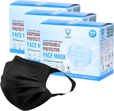 7SHIELD Non-Woven Fabric disposable Surgical 3Ply Unisex mask With Soft fabric ear loop for extra comfort Black soft loop Water Resistant Surgical Mask(Black, Free Size, Pack of 300, 3 Ply)