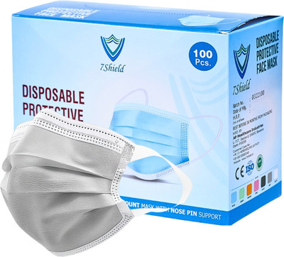 7SHIELD CE and ISO Certified with Extra soft Fabric ear loop and Inbuilt Plastic coated Nose pin disposable unisex mask soft fabric Ear loop Soft loop Mask Water Resistant Surgical Mask(Grey, Free Size, Pack of 100, 3 Ply)