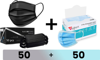 Vaghani 100Pcs With Pin Black and Blur 3 Ply Pharmaceutical Surgical Mask with 3 Layer 3 Ply Surgical Mask (100 Pcs ( Black +Blue)) Surgical Mask With Melt Blown Fabric Layer(Blue, Black, Free Size, Pack of 100, 3 Ply)