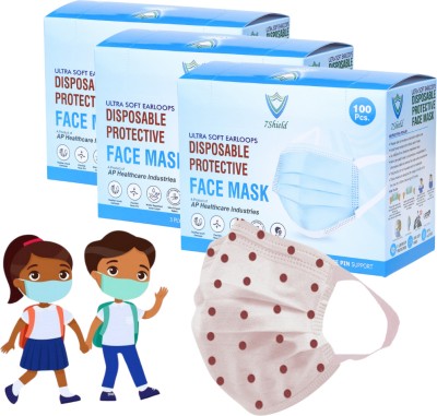 7SHIELD Kids Size Red dot printed Face Mask with Nose clip and soft fabric ear loop Mask 3 ply disposable filter protection breathable dust proof red dot_child mask Surgical Mask(White, S, Pack of 300, 3 Ply)