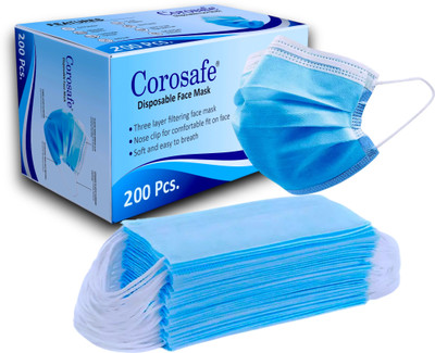 Corosafe Mask with Nose Clip 3 Layer Anti - Pollution Non woven Cloth Mask With Melt Blown Fabric Layer(Blue, Free Size, Pack of 200, 3 Ply)