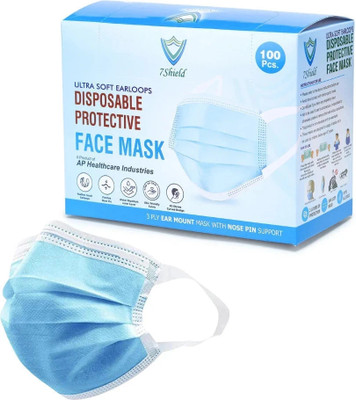 7SHIELD 7Shiled Surgical mask with Extra soft Fabric ear loop Extra Soft Fabric Ear Loop Mask Water Resistant Surgical Mask With Melt Blown Fabric Layer(Blue, Free Size, Pack of 100, 3 Ply)