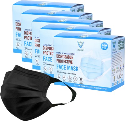 7SHIELD Non-Woven Fabric disposable Surgical 3Ply Unisex mask With Soft fabric ear loop for extra comfort Black soft loop Water Resistant Surgical Mask(Black, Free Size, Pack of 500, 3 Ply)