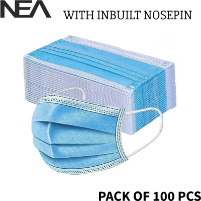Nea 3 Ply 3 Layered BIS Certified Mask Surgical Mask Pharmaceutical Mask Face Mask SURGICAL-100 mask 37 Water Resistant Surgical Mask With Melt Blown Fabric Layer(Blue, Free Size, Pack of 100, 3 Ply)