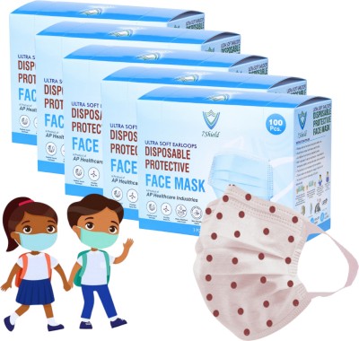7SHIELD Kids Size Red dot printed Face Mask with Nose clip and soft fabric ear loop Mask 3 ply disposable filter protection breathable dust proof red dot_child mask Surgical Mask(White, S, Pack of 500, 3 Ply)