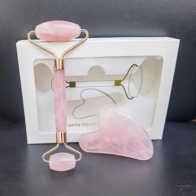 acuwellness Face Massager Rose Quartz Face Roller & Gua Sha Facial Tool Set, Massage Tool for Self Care, Muscle Tension Relief, Skin Care Gift for Men/Woman Massager(Pink)