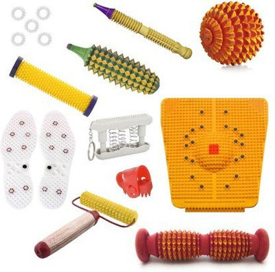SUJOK AF34 Acupressure Massager Tools Combo Kit with Foot Roller Pyramidal Wooden Bio-Magnetic Power Foot Mat Magneto-Therapy Stress Pain Relief Natural Care Massager(Multicolor)