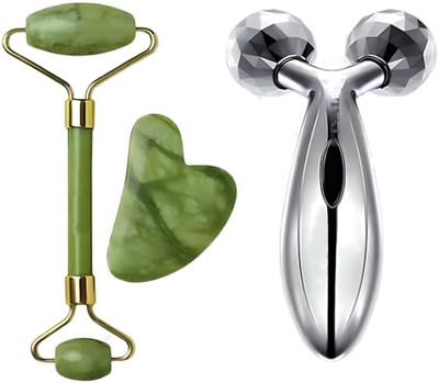 NIHILANO Jade Roller & Gua Sha Set Face Roller Anti-Aging Facial Roller Natural (Stone Roller + 3D Roller) Massager(Multicolor)