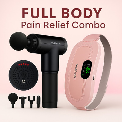 Mildcares Pain Relief Combo | Full Body Massage Gun & Cramp Relief Heating Belt | Deep Tissue, Period Pain Relief, Rechargeable Body Massager, 6-Speed Therapy Massage Massager(Black, Pink)