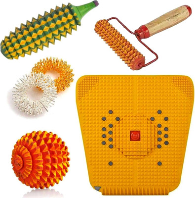 Ronofic Massager Tools Combo Kit with Mat, Wooden Handle Roller, Wooden Karela, Wooden Ball, 2 Massage Rings For Stress And Pain Relief Accupressure Tool Kit Massager Massager(Multicolor)