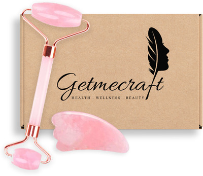 Getmecraft Rose Quartz Roller 3 Bend Gua Sha Rose Quartz Face Roller & 3 Bend Gua Sha Facial Tool - Face Roller – Rose Quartz Roller - Facial Roller for Skin, Puffy Eyes – Eye Roller For Dark Circles Massager(Pink)