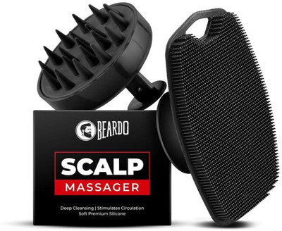 Beardo Scalp Massager & Silicone Body Scrubber for Men |Soft Silicone for Body and Hair Bath Brush for Men with Soft, Durable Bristles - Set of 2 Combo Massager(Black)