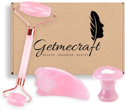 Getmecraft Rose Quartz Roller Wing Shaped Gua Sha and Mushroom Gua Sha Set 3Pcs/Set Natural Rose Quartz Jade Roller Real Jade Gua Sha Board Mushroom Massager Face Lifting Tool Facial Guasha Massage Kit-Pink Massager(Pink)