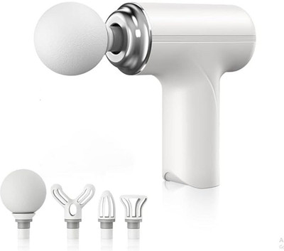 ARG HEALTHCARE Mini Gun Massage Handheld Full Body Pain Relief or Relaxation 6 Speed Level, 4 Heads attachment Rechargeable Travel Friendly for Back Neck Leg Hand Massager(White, Silver)