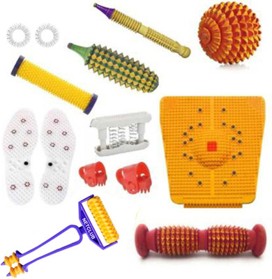 ACM Accupressure Massager Tools Combo Kit with Foot Roller (Pyramidal cuts)(Wooden) Bio-Magnetic Power Foot Mat (Magneto) for Stress and Pain Relief (Natural Care) Massager(Multicolor)