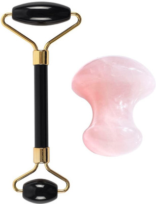 Getmecraft Black Obsidian Roller and Rose Quartz Mushroom Gua Sha Black Obsidian Roller and Gua Sha Set for Face, Facial Roller Massager - Anti Aging Black Obsidian Roller for Face and Dark Circles Under Eye Massager(Black, Pink)