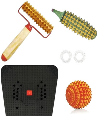 Ronofic Acupressure Massager Tools Combo Kit Acupressure Bio-Magnetic Foot Mat+Karela + Wooden Ball + 2 Ring + Wooden Handle Roll For Stress And Pain Relief Massager(Multicolor)