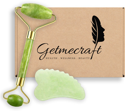 Getmecraft Jade Roller and Come Edge Gua Sha Massage Tool Set Massager For Face, Neck, Dark Circles and Under Eye Treatment Massager(Green)