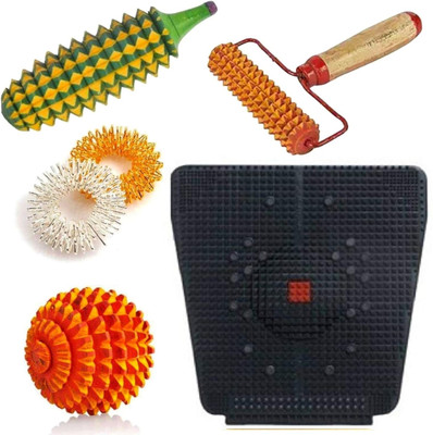 Ronofic Acupressure Massager Tools Combo Kit Acupressure Bio- Magnetic Foot Mat +Karela- + Wooden Ball + 2 Ring + Wooden Handle Roll For Stress And Pain Relief Massager(Multicolor)