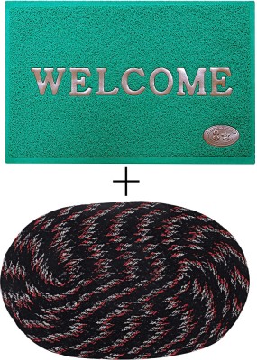 VSTUCART PVC (Polyvinyl Chloride), Cotton Door Mat(Black & Green, Medium, Pack of 2)