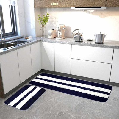 MY HOME Microfiber Floor Mat(Blue, White, Medium, Pack of 2)