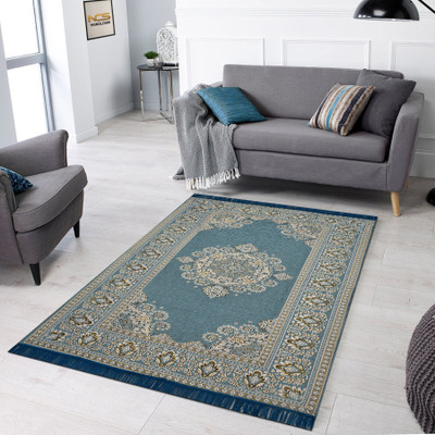 BLOSSIE Light Blue Cotton Carpet(5 cm,  X 7 cm, Rectangle)