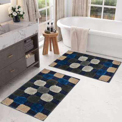 SR Handloom Polyester, Microfiber Door Mat(Checkerd Bath Mat Absorbent, Luxe Non-Slip Shaggy Floor Mat(40x60cm) Blue/Grey, Small, Pack of 2)