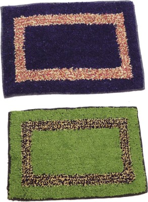 Dulhan Microfiber Door Mat(Navy BLue & Green, Small, Pack of 2)