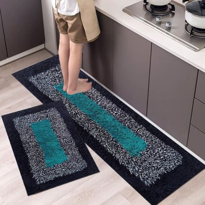 Goodson Cotton Floor Mat(Navy Grey Aqua, Free, Pack of 2)