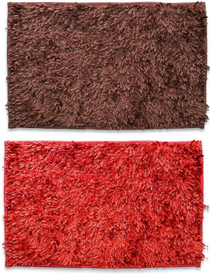 EXOTICE Polyester Door Mat(Brown & Red, Medium, Pack of 2)