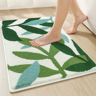 Roseate Microfiber Bathroom Mat(White and Green, Medium)