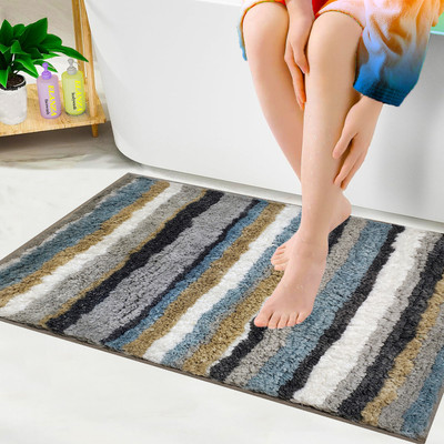 Elanza Polyester Bathroom Mat(STRIPE - (40X60 CM) Pack of 1, Blue, Medium)