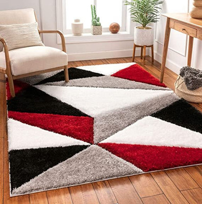 Anabia Red, Silver Polyester Carpet(3 ft,  X 5 ft, Rectangle)