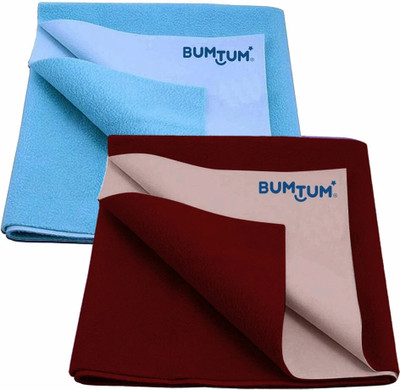 BUMTUM Cotton, Fleece Baby Bed Protecting Mat(Aqua Blue + Maroon, Pack of 2, Medium)