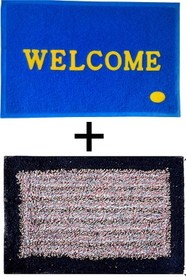 VSTUCART PVC (Polyvinyl Chloride), Microfiber Door Mat(Blue & Dark Blue, Medium, Pack of 2)