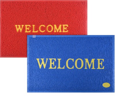 Heart Home Rubber Door Mat(Red, Blue, Large, Pack of 2)