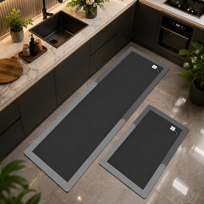 GVND Rubber Kitchen Mat(BLACK & FLOWER, Pack of 2, Medium)