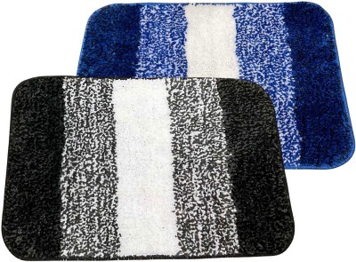 MAA HOME CONCEPT Microfiber, PP (Polypropylene) Door Mat(Black Stripe & Blue Stripe, Medium, Pack of 2)