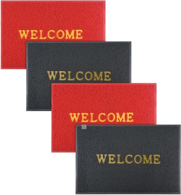 Heart Home Rubber Door Mat(Red, Grey, Large, Pack of 4)