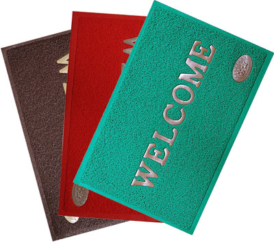 VSTUCART PVC (Polyvinyl Chloride) Door Mat(BROWN & GREEN & RED, Small, Pack of 3)