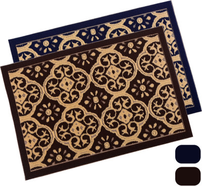 KUBER INDUSTRIES Wool Door Mat(Brown, Blue, Medium, Pack of 2)