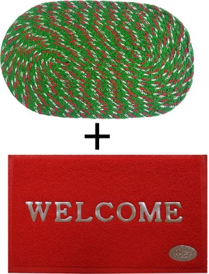 VSTUCART PVC (Polyvinyl Chloride), Cotton Door Mat(Green & Red, Medium, Pack of 2)