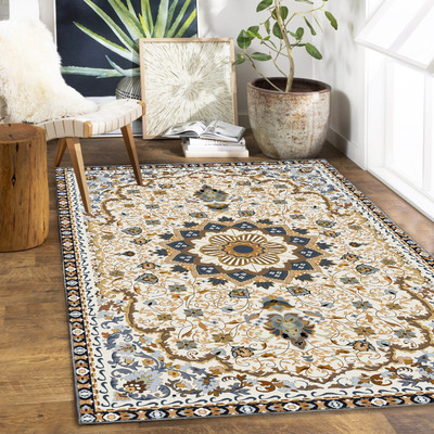 Ishro Home Polyester Floor Mat(Yellow_white_New_3x5ft, Free)
