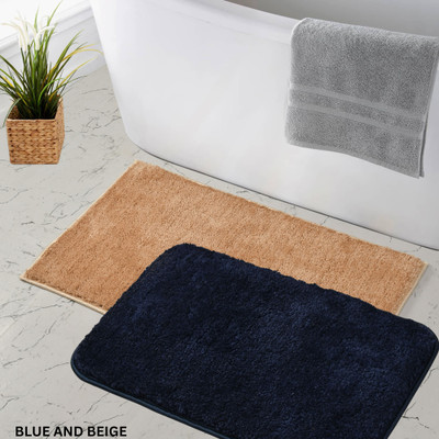 THREADWEAVE Microfiber Door & Floor Mat(BEIGE+BLUE, Medium, Pack of 2)