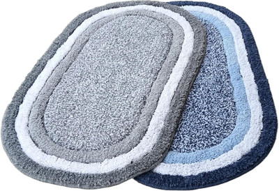 MY HOME Cotton Door Mat(Blue & Grey, Large, Pack of 2)