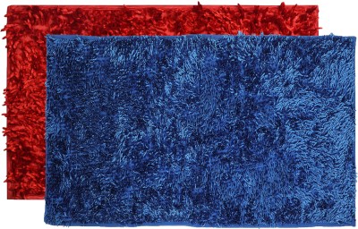 ABHIKRAM Cotton Door Mat(Blue, Red, Medium, Pack of 2)