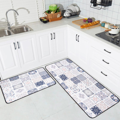 KUBER INDUSTRIES Polyester Floor Mat(Blue & White, Free, Pack of 2)