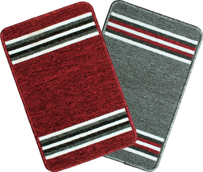 Bedspun Nylon Floor Mat(Red & Grey, Free, Pack of 2)