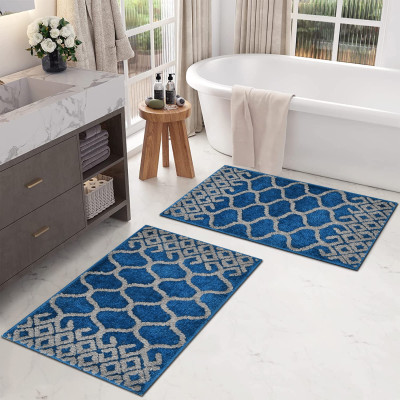 SR Handloom Microfiber, Polyester Door Mat(Ultra Soft, Shaggy, Absorbent, Non-Slip, Washable(40x60 cm) Blue/Grey, Small, Pack of 2)