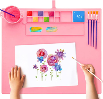 RVKE Silicone Mat with Cleaning Cup & 14 Paint Wells Palette | Non-Stick Craft Mat(Set of 1, Pink)